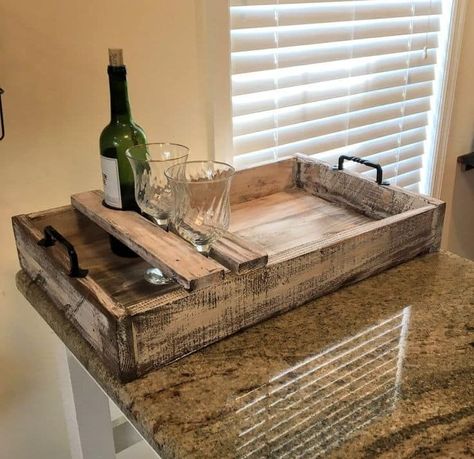 Diy Serving Tray, Glass Serving Tray, Tray Ottoman, Wood Serving Tray, Diy Tray, Ottoman Tray, Wooden Pallet Projects, Wine Glass Holder, Serving Tray Wood