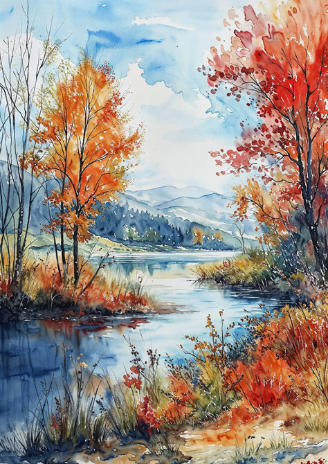 Experience 'Falls Embrace', where trees arch over a path wrapped in the warmth of autumn's glow, captured in this expressive watercolor landscape. Watercolor Fall Paintings, Autumn Watercolor Paintings, Aesthetic Watercolour Painting, Watercolor Fall Landscape, Fall Watercolor Paintings, Collage Trees, Autumn Leaves Painting, Landscapes Watercolor, Expressive Watercolor