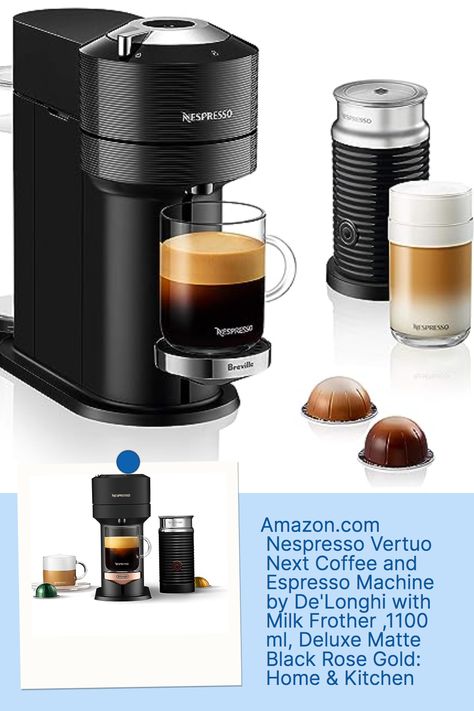 Nespresso Vertuo Next Coffee and Espresso Machine by De'Longhi with Milk Frother ,1100 ml, Deluxe Matte Black Rose Gold. #affiliate Home Espresso Bar, Nespresso Vertuo Next, Nespresso Coffee Maker, Cafe Expresso, Cuisinart Coffee Maker, Nespresso Vertuo, Nespresso Coffee, Nespresso Machine, Coffee Stations