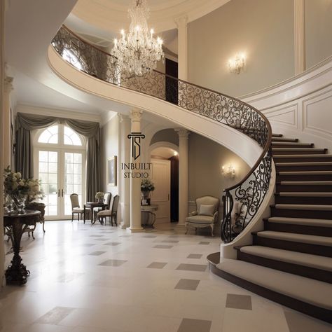 Accent Design Curved Shaped Glass Stairs Ideas Double Curved Staircase Foyer Entryway, Staircase And Railing Ideas, Classic Stairs Design Luxury, Circular Stairs Curved Staircase, Circular Staircase Railing Design, Wrap Around Staircase, Rounded Staircase Entry, Luxury Staircase Grand Entrance, Big Staircase