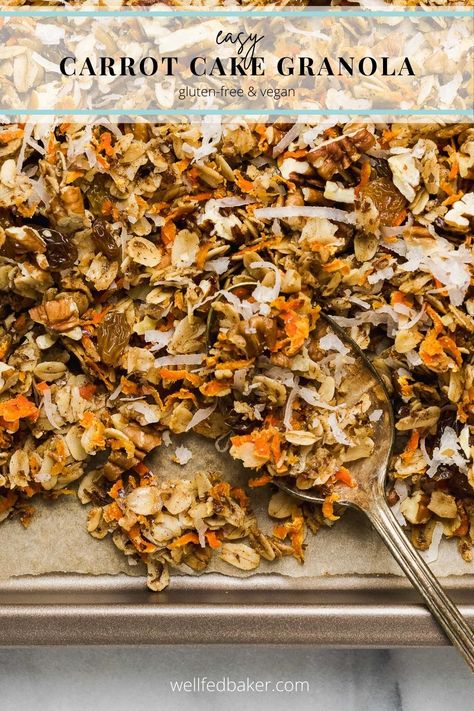 Easy carrot cake granola. It's filled with all the flavors of carrot cake without all the indulgence. Perfect served over yogurt! Carrot Cake Granola, Recipe Carrot Cake, Gluten Free Snacks Recipes, Granola Snacks, Easy Granola Recipe, Maple Granola, Flax Meal, Granola Clusters, Easy Granola