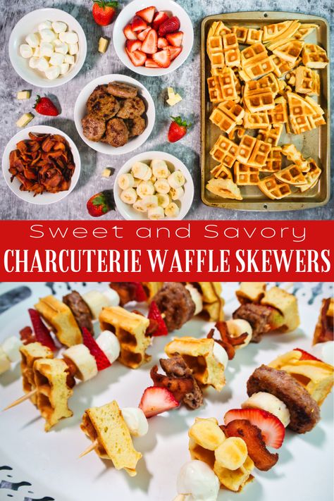 Charcuterie waffle skewer ingredients and finished skewers on a platter to serve with a delicious blend of savory and sweet flavors, perfect for brunch or parties French Toast Kabobs Brunch Ideas, Waffle Appetizer Mini, Mini Pancake Skewers Brunch Ideas, Breakfast Brunch Finger Foods, Chicken And Waffle Charcuterie Board Ideas, Waffle Bites Appetizers, Waffle On A Stick Ideas, Waffle Flavor Ideas, Waffle Kabobs