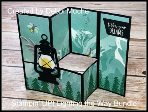 Stampin’ UP! Lighting the Way Bundle Fun Fold Video Tutorial | Cindy Lee Bee Designs Stampin Up Lighting The Way Cards, Lighting The Way Stampin Up Cards, Lighting The Way Cards, Stampin Up Lighting The Way, Fire Flies, Camping Cards, Bee Designs, Men Cards, Up Lighting