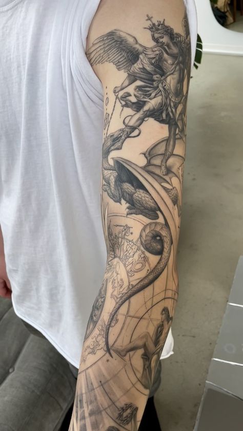 Another angle of Kyle’s full sleeve tattoo, officially finished! #tattoo | Instagram Otter Tattoos, Oscar Akermo, Icarus Tattoo, Crazy Tattoos, Nerd Tattoo, Clock Tattoo Design, Tattoo Instagram, Floral Tattoo Sleeve, Greek Tattoos