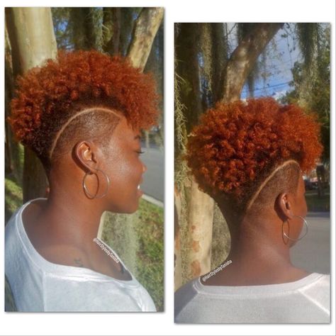 Copper Tapered Natural Hair, Copper Hair On Black Women Natural Short, Short Copper Hair On Black Women, Copper Afro, Curly Copper Hair, Short Copper Hair, Natural Tapered Cut, Short Hair Mohawk, Low Cut Hairstyles