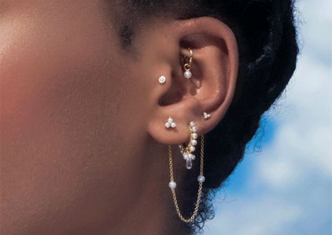 Maria Tash Piercing, Pearl Ear Stack, Hoop Tragus Piercing, Full Ear Piercings, Ear Stacks, Piercing Inspo, Cool Ear Piercings, Maria Tash, All That Glitters Is Gold