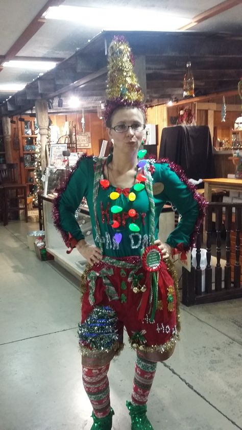 My wacky tacky Christmas Outfit 2015 Obnoxious Christmas Outfit, Tacky Outfit Ideas, Tacky Christmas Sweater Outfit, Crazy Christmas Outfits, Wacky Tacky Day Outfits, Tacky Christmas Outfit, Tacky Sweater Christmas Party, Ugly Christmas Outfit, Homemade Ugly Christmas Sweater