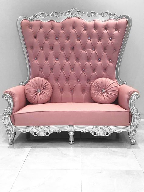 Double High Back Queen Throne Chair in Pink Leather and Silver Foil Frame Queen Throne, Princess Chair, Chic Accent Chairs, Queen Chair, Sofa Santai, Pink Furniture, Throne Chair, Elegant Chair, Pink Chair