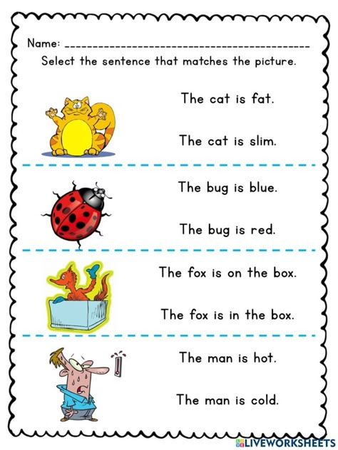 Match Sentences With Pictures, Reading Sentences For Grade 1, Read And Match Worksheet, Cvc Sentences, Short I Worksheets, Number Words Worksheets, Speech Therapy Worksheets, Phonics Reading Passages, Cvc Words Worksheets