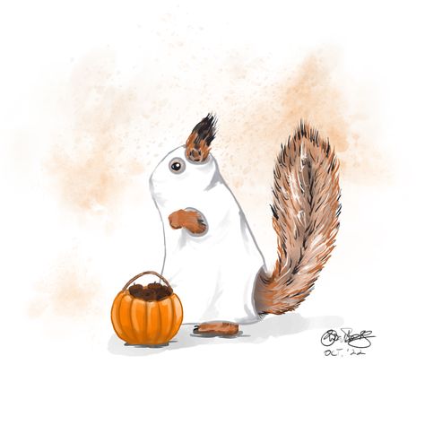 HAPPY HALLOWEEN 🎃 The clever squirrel figured it'd be easier to collect acorns by disguising himself as a ghost on this hallows eve.  Happy Halloween! Happy Trick-n-Treating tonight! . #cats #animalportraits #pets #halloweenllustration #halloween #illustration #smallbusiness #cats #dogillustrations #womenbusiness #sketchdrawing #nature #digitalart #handillustration #illustrator #animalillustration #illustrations #animalillustrations #coloredpencils #colorillustration #pumpkin #squirrel Squirrel Running, Squirrel Tattoo, Pumpkin Tattoo, Wood Burning Stencils, Squirrel Art, Ghost Costume, Fall Art, Halloween Illustration, Ghost Cat