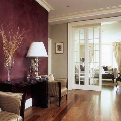 burgundy faux accent wall with tan...silver accents?  Like to sticks as well Ideas For Hallways, Maroon Walls, Burgundy Walls, Dark Wood Floors, Flooring Ideas, Luxury Homes Interior, Living Room Colors, Chic Home, White Trim