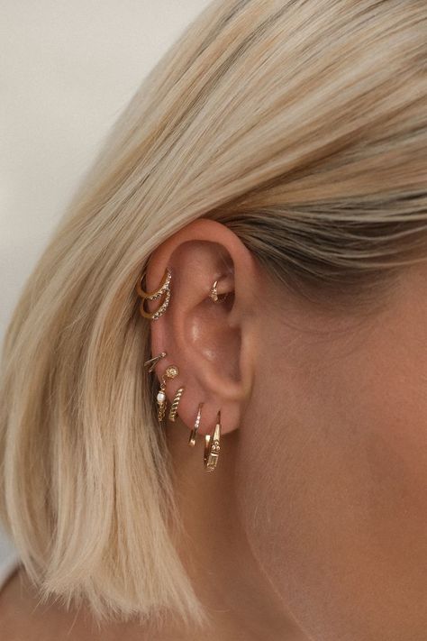 Piercings Minimal, Eat Piercing, Full Ear Piercings, Piercing Collection, Minimalist Ear Piercings, Cool Ear Piercings, Pretty Ear Piercings, Studio Jewelry, Cute Ear Piercings