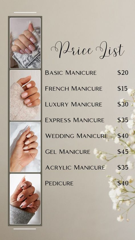 Price List Background Design, Price List Template Design, Beauty Bar Ideas, Beauty Salon Price List, Nail Salon Prices, Price List Design, Salon Price List, Wedding Manicure, Nail Salon Decor