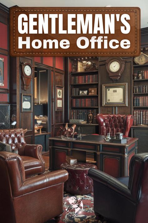 A classic gentleman’s home office blends traditional home offices with a luxury office feel. Rich wood tones, leather seating, and vintage decor create a timeless, elegant space. Add a home library design for that extra touch of sophistication. Ideal for men’s office ideas that value class and style. #gentlemansoffice #traditionalhomeoffices #classicoffice #luxuryoffice #masculinehomedesign #lawofficedecor #homeofficedecor #blackandcognacoffice #menslibrarystudy #homeofficeideas Mans Office Space, English Country Office, Bohemian Home Office, Masculine Office, Cottage Office, Gentlemans Study, Traditional Home Offices, Bar Lounge Room, Law Office Decor