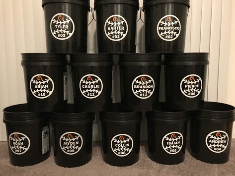 Baseball Buckets For Dugout, Dugout Buckets, Dugout Organization, Baseball Team Mom, Baseball Coaching, Team Mom Baseball, Baseball Dugout, Senior Year Graduation, Baseball Buckets