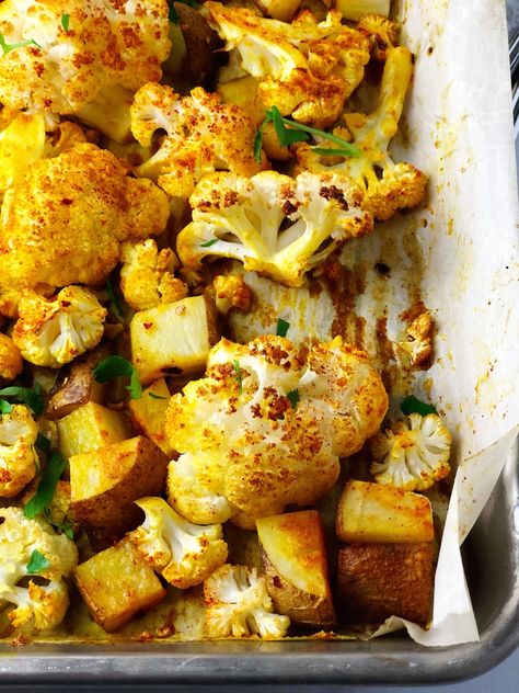 Roasted Cauliflower and Potatoes with Cumin and Turmeric • Keeping It Simple Blog Vegetarian Taco Filling, Cauliflower Potatoes, Healthy Side Dish, Roasted Vegetable Recipes, Carrots And Potatoes, Healthy Side, Potato Side Dishes, Quick Meal, Keeping It Simple