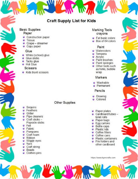 list of craft supplies for kids Arts And Crafts Supplies List, Preschool Materials List, Basic Craft Supply List, Craft Room Supplies List, List Of Craft Supplies, Preschool Supplies List, Preschool List Of Supplies, Craft Essentials List, Preschool Art Supplies