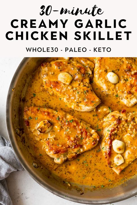 Garlic Chicken Skillet, Paleo Chicken Breast, Df Meals, Whole 30 Chicken Recipes, Seared Chicken, Paleo Chicken Recipes, Whole30 Keto, Creamy Garlic Chicken, Chicken Skillet