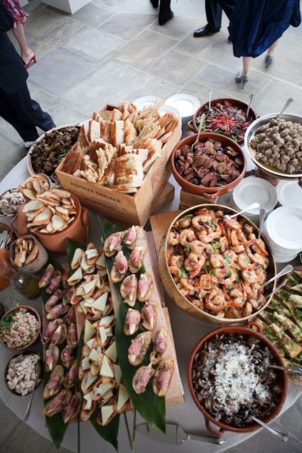 Hors D’oeuvres - Marcia Selden Tapas Wedding Food, Spanish Food Wedding Buffet, Spanish Buffet Table, Tapas Buffet Ideas, Spanish Wedding Food Ideas, Tapas Party Ideas, Spanish Wedding Food, Wedding Tapas, Tapas Wedding