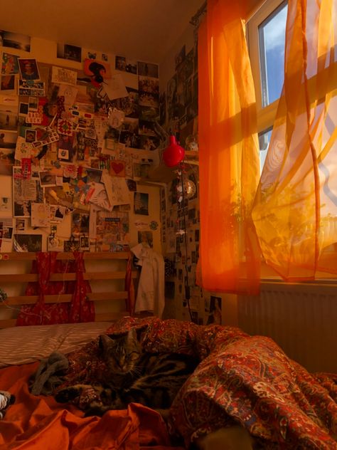 Orange Aesthetic Room Ideas, Orange House Aesthetic, Red And Orange Bedroom, Bedroom Curtains Aesthetic, Healing Bedroom, Orange Room Aesthetic, Orange Bedroom Aesthetic, Slanted Ceiling Bedroom, Groovy Room