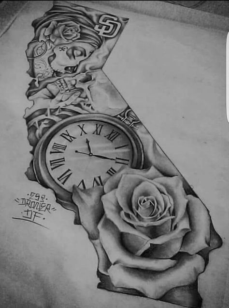 California love Whoa! This is one of the most creative dopest tattoos I've ever seen.. So thurl!! Cali Tattoo, Tattoo Ideas For Guys, Mangas Tattoo, California Tattoo, Chicano Tattoos, Mens Shoulder Tattoo, Watch Tattoos, Turtle Tattoo, Clock Tattoo