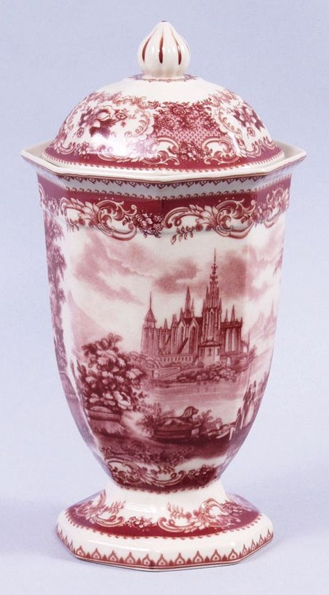 Red Toile Jar Victorian Castle Porcelain Transferware Victorian Castle, Red Porcelain, Red Transferware, Red Dishes, Red Toile, Pink China, French Toile, English Pottery, Antique Dishes