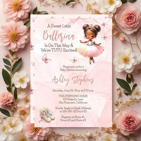 "A Sweet Little Ballerina Is On The Way and We Are Tutu Excited!" Tutu Baby Shower Invitation - Print and/or Digital  Shop Here: https://www.zazzle.com/little_ballerina_is_on_the_way_tutu_baby_shower_invitation-256039682690121072  #littleballerina #ballerina #pink #girlbabyshower #tutu #butterflies #butterfly #watercolor #alcoholandink #babyshowerinvitations #tutuexcited #unique #elegant  #africanamerican #babygirlofcolor #modern #zazzlemade #holidayheartsdesigns #holidayhearts Ballerina Theme Baby Shower Ideas, Ballerina Baby Shower Ideas, Ballerina Baby Shower Theme, Unique Baby Shower Themes, Tutu Baby Shower, Ballerina Baby Showers, Baby Shower Party Games, Simple Baby Shower, Little Ballerina