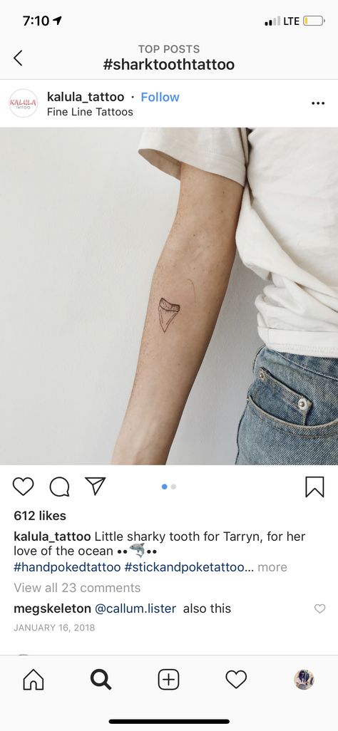 Fine Line Shark Tooth Tattoo, Shark Teeth Tattoo, Fine Line Shark Tattoo, Shark Tooth Tattoo, Sister Tat, Tooth Tattoo, Stick N Poke Tattoo, Shark Tattoos, Hand Poked Tattoo