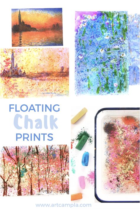 Floating Chalk Prints, Impressionism Art Lesson, Monet Art Lesson, Spring Middle School Art Projects, Kids Art Projects Summer, Monet Inspired Art For Kids, Claude Monet Art Projects For Kids, Process Art For Adults, Summer Art Camp Projects