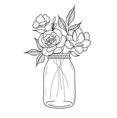 Rose In A Jar Tattoo, Flower In A Jar Tattoo, Flowers In Jar Tattoos, Flowers In Mason Jar Tattoo, Flower Pot Tattoo Ideas, Jar With Flowers Tattoo, Mason Jar Flower Tattoo, Flower Jar Drawing, Flowers In A Vase Tattoo