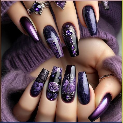 Purple Nails Witchy, Witchy Summer Nails, Nail Designs With Jewels, Purple Witchy Nails, Palette Aesthetic, Purple Nail Art Designs, Crazy Nail Art, Witchy Nails, Purple Nail Art