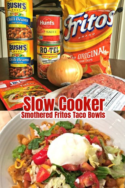 A photo coilage photo for Smothered Fritos Taco Bowls showing the ingredients and the recipe served in a white serving bowl with sour cream on top. Easy Crockpot Meals Taco, Meats In Crockpot, All In One Crockpot Walking Taco, Slow Cooker Frito Taco Bowl, Crock Pot Walking Tacos, Frito Bowl Recipes, Crockpot Walking Tacos With Fritos, Walking Taco Crockpot, Crockpot Walking Tacos Crock Pot