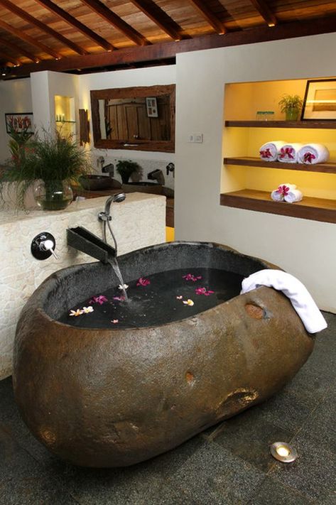 18 Tropical Bathroom Design Photos -- You may think I'm weird for wanting to bathe in a giant potato, but the rest of these pictures are awesome! Granite Bathtub, Yellow Bathroom Walls, Tropical Bathroom Decor, Classy Bathroom, Yellow Bathroom Decor, Stone Tub, Tropical Bathroom, Stone Bathtub, Tub Ideas