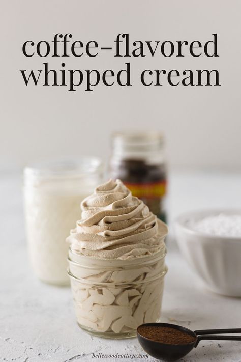 Flavor homemade whipped cream with instant espresso powder for a coffee-flavored treat that is (you guessed it!) perfect for topping coffee or your favorite desserts. Level up homemade whipped cream with this easy recipe! Espresso Powder Recipes, Coffee Whipped Cream Recipe, Heavy Whipping Cream Recipes, Whipped Drinks, 2024 Cookies, Coffee Whipped Cream, Jar Desserts, Instant Espresso, Whipped Cream Desserts