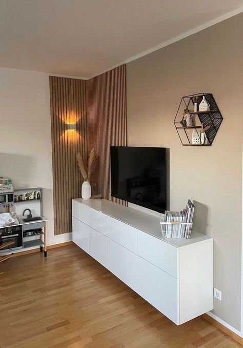 Panel Strip Wall, Wooden Panneling Design Tv Unit, Wooden Panel Living Room, Living Room Wall Panelling Ideas, Wooden Panels Behind Tv, Corner Wall Paneling Design, Wooden Panel Walls Living Rooms, Wooden Panneling Design Wall Tv, Corner Panelling Design