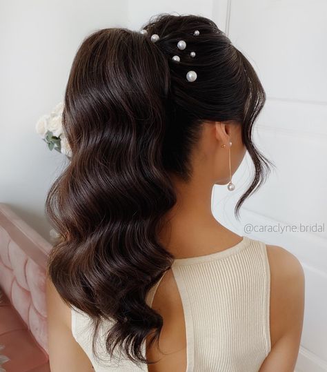 Wedding Ponytail Hairstyle on Black Hair with Pearls Bride Hair Ponytail, Ponytail With Pearls, Hair With Pearls, Romantic Wedding Hairstyles, Wedding Ponytail Hairstyles, Wedding Ponytail, Undone Hair, Chignon Wedding, Elegant Ponytail