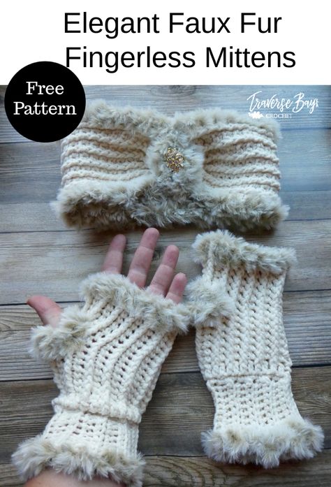 Elegant Faux Fur Crochet Fingerless Mittens - free faux fur crochet fingerless glove pattern Crochet Scoodie, Crochet Fingerless Mittens, Crochet Novelty, Mittens Free Pattern, Fingerless Mittens Crochet, Fur Crochet, Crochet Shaw, Fingerless Mittens Pattern, Crochet Mittens Pattern