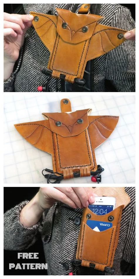 DIY Leather Owl Phone Holder Free Sewing Pattern + Tutorial Faux Leather Bag Diy Free Pattern, Faux Leather Crafts Free Pattern, Diy Leather Projects Free Pattern, Leather Purse Patterns Free, Leather Craft Patterns Free Printable Templates, Free Leather Patterns Pdf, Leather Patterns Free, Leather Craft Patterns Free Printable, Leather Phone Case Pattern