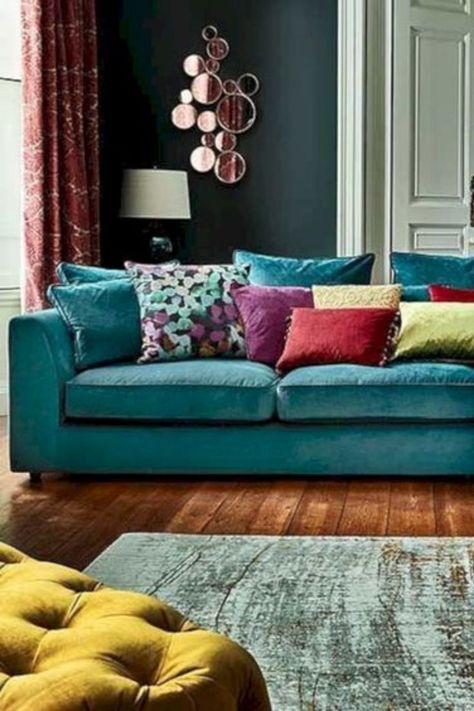 Teal Couch Living Room, Teal Sofa Living Room, Teal Velvet Sofa, Teal Couch, Teal Sofa, Room Furniture Design, Colourful Living Room, Trendy Living Rooms, Furniture Design Living Room