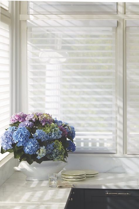 Hunter Douglas Silhouette and Nantucket Window Shadings Wooden Blinds Kitchen, Kitchen Blinds Modern, Hunter Douglas Silhouette, Sliding Door Window Treatments, Patio Blinds, White Blinds, Modern Blinds, Living Room Blinds, Bedroom Blinds