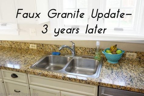 Faux Granite Counter Update: 3 Years Later | HeartWorkOrg.com Countertop Laminate, Instant Granite, Peel And Stick Countertop, Light Granite Countertops, Faux Granite Countertops, Blue Granite Countertops, Brown Granite Countertops, Granite Kitchen Counters, Budget Kitchen Makeover