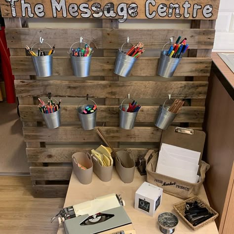 Our message centre to promote writing in EYFS  #eyfs #messagecentre #reggio #writing #purpose #engagement #curiosity Welcome To Reception Class Display, Story Telling Area Eyfs, Writing Provocations Reggio, Healthy Eating Display Eyfs, Writing Provision Eyfs, Snack Area Eyfs, Curiosity Approach Eyfs Baby Room, Self Registration Eyfs Ideas, Hessian Classroom Display