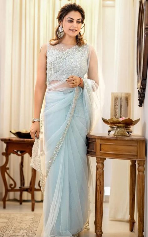 Pastel Net Saree, Pastel Color Sarees Party Wear, Pastel Colour Saree, Pastel Blue Saree, Anusree Nair, Light Blue Saree, Chiffon Saree Party Wear, Saree Net, Blouse Styling