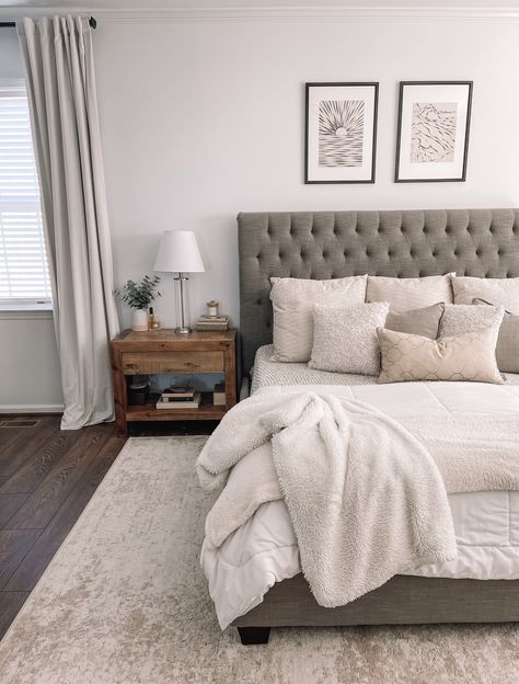 Master Bedding Gray, Bedroom Idea With Gray Headboard, Bedding Inspiration Grey Headboard, Dark Grey Bed With Beige Bedding, Room Ideas Gray Bed Frames, Room With Grey Bed Frame, Neutral Bedding Grey Headboard, Grey Bedroom Suite Ideas, Bedroom With Grey Upholstered Headboard