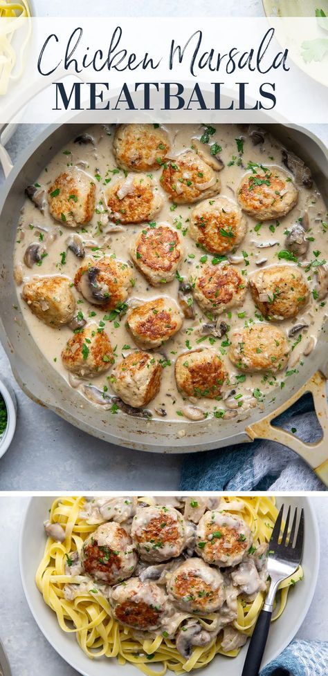 Chicken Marsala Meatballs, Marsala Meatballs, Mushroom Marsala Sauce, Chicken Marsala Pasta, Easy Chicken Marsala, Mushroom Marsala, Ground Chicken Meatballs, Spinach Mushroom Pasta, Turkey Meatballs Healthy