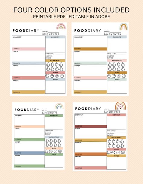 This printable food diary is perfect for anyone looking for a fun way to track their food, calories, exercise and water intake throughout the week. Daily Food Diary Printable, Printable Daily Food Journal, Minimalist Daily Calorie Tracker, Daily Calorie Counting, Food Diary, PDF Diet Diary Journals, Daily Food Diary Printable Free, Track Calories Food Journal, Food Tracker Bullet Journal, Food Diary Printable, Bullet Journal Food Log, Diet Journal, Notes Plan, Calorie Tracker