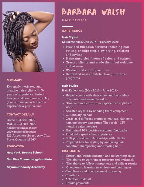 Want to create or improve your Hair Stylist Resume? The resume is a key document in the placement process. Check out our samples resumes or guidance & find the right template for the job. #resume #job #career #CareerAdvice #resumetips #JobSearchingtips Hair Stylist Resume, Hairstylist Resume Template, Sports Resume, Fashion Stylist Resume, Hairstylist Resume, Cosmetology Business, Makeup Artist Resume, Free Resume Examples, Best Hair Stylist