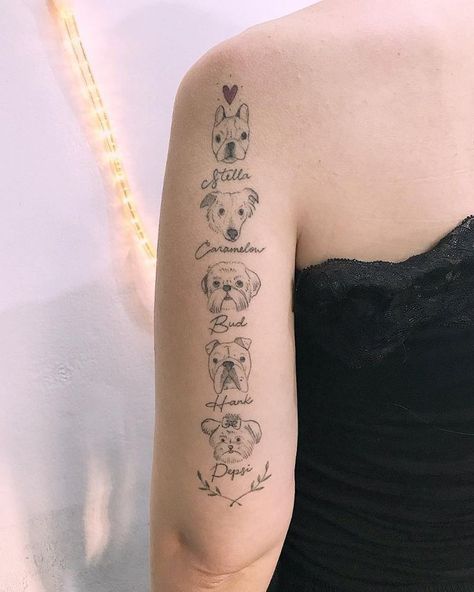 Multi Dog Tattoo, Multiple Dog Tattoo Ideas, Multiple Pet Tattoo Ideas, Tattoo Pet, Portrait Tattoo Sleeve, Dog Portrait Tattoo, Cute Animal Tattoos, Dog Memorial Tattoos, Paw Tattoo