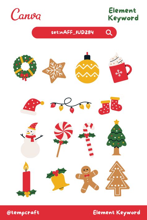 Illustration Christmas Element Keyword Canva @tempcraft christmas.#HolidayFonts #FreeHolidayFonts #FestiveFonts #FontFreebies #ChristmasFonts Canva Christmas Element, Canva Keywords Elements, Canva Creator, Canva Codes, Holiday Elements, Food Illustration Design, Canva Hacks, Scrapbook Graphics, Canva Keywords