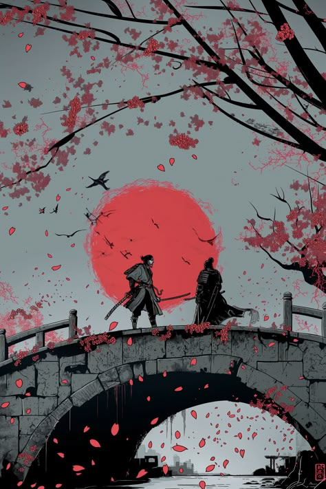 Samurai Duel, Samurai Ninja, Samurai Artwork, Flat Art, Splash Page, Sakura Tree, Land Of The Rising Sun, Ghost Of Tsushima, Samurai Art